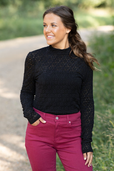 Black Crochet Lace Mock Neck Top