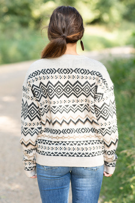 Oatmeal and Black Aztec Print Sweater