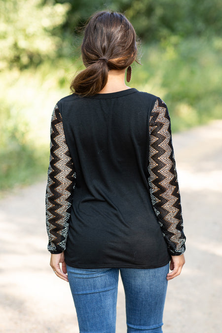 Black and Off White Top With Chevron Sleeves