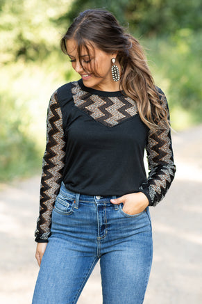 Black and Off White Top With Chevron Sleeves