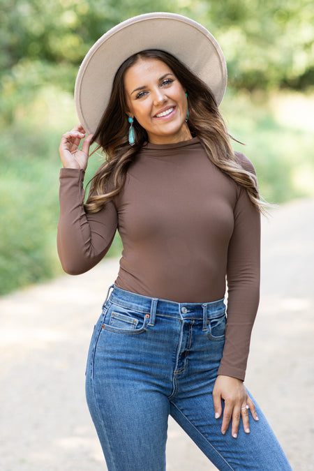 Brown Seamless Mock Neck Top