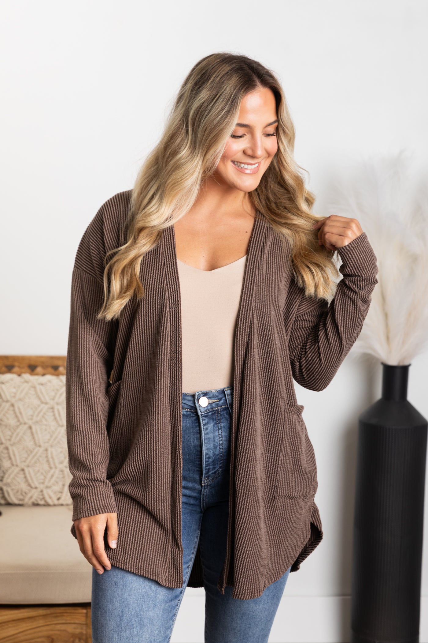 Solid Ribbed Cardigan With Pockets