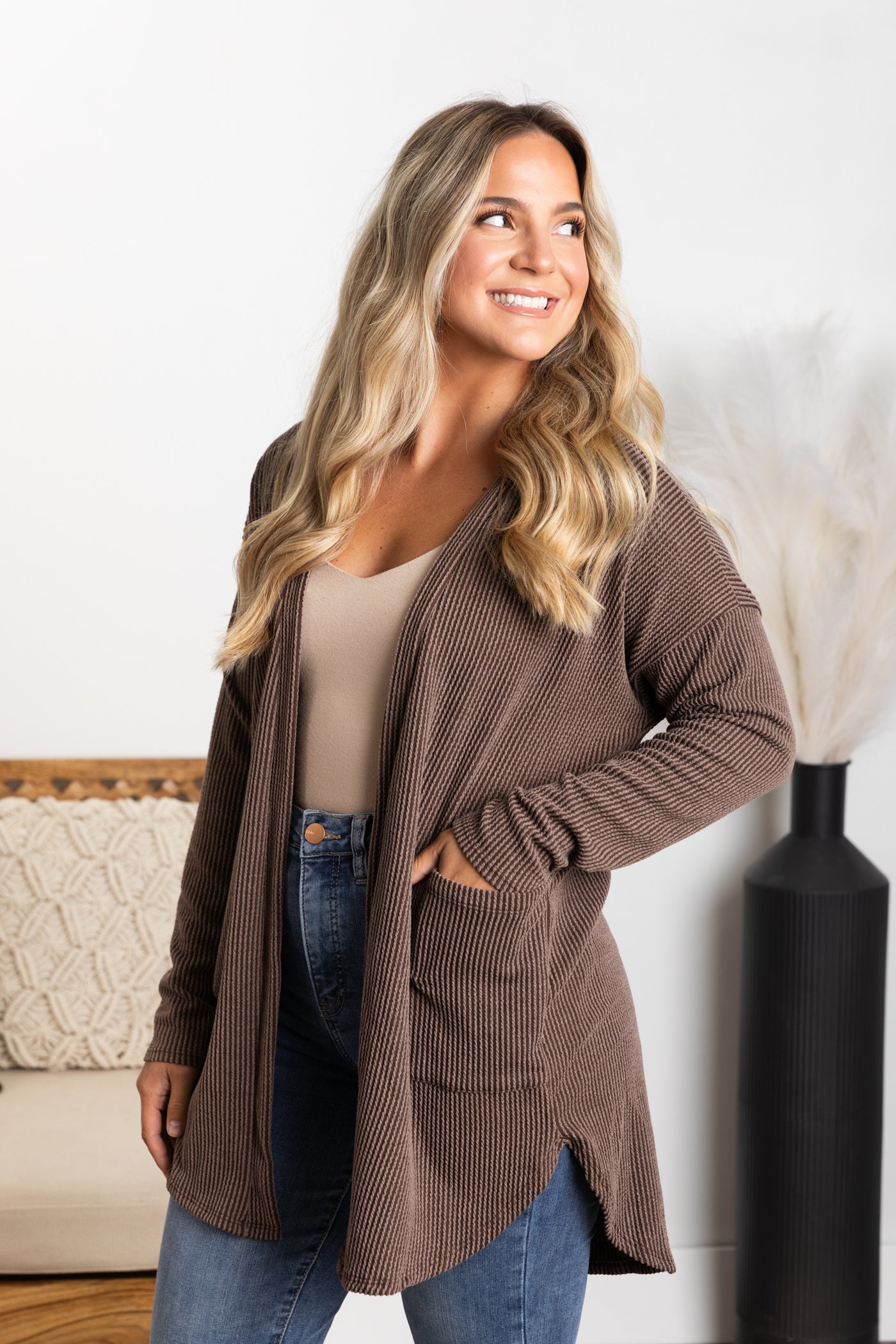 Solid Ribbed Cardigan With Pockets