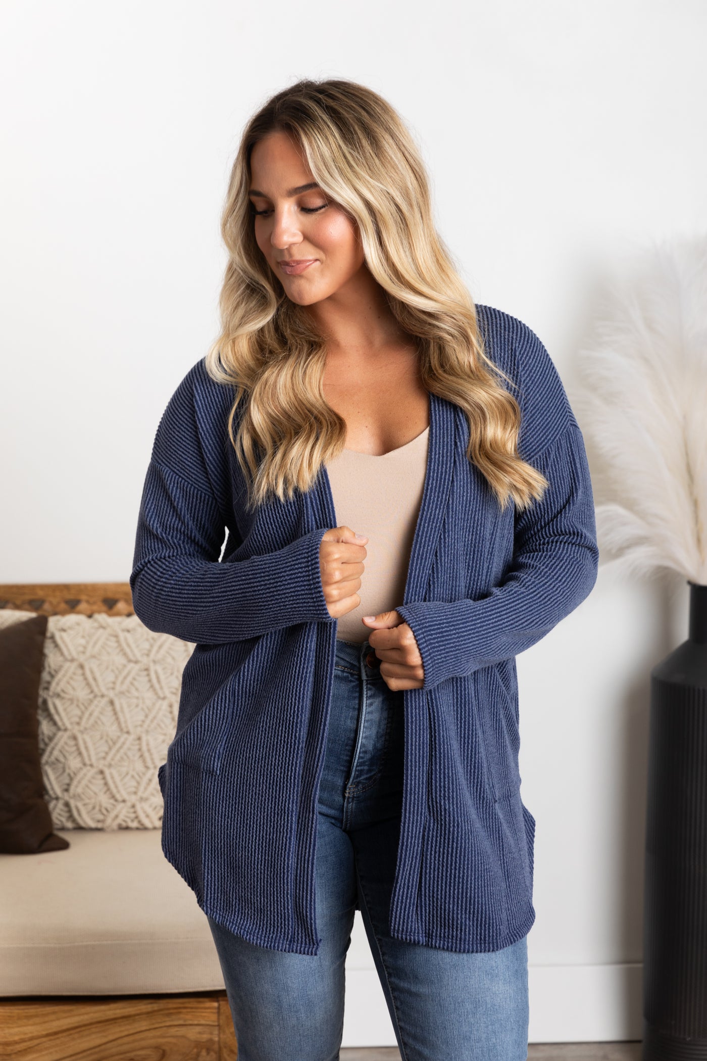 Solid Ribbed Cardigan With Pockets