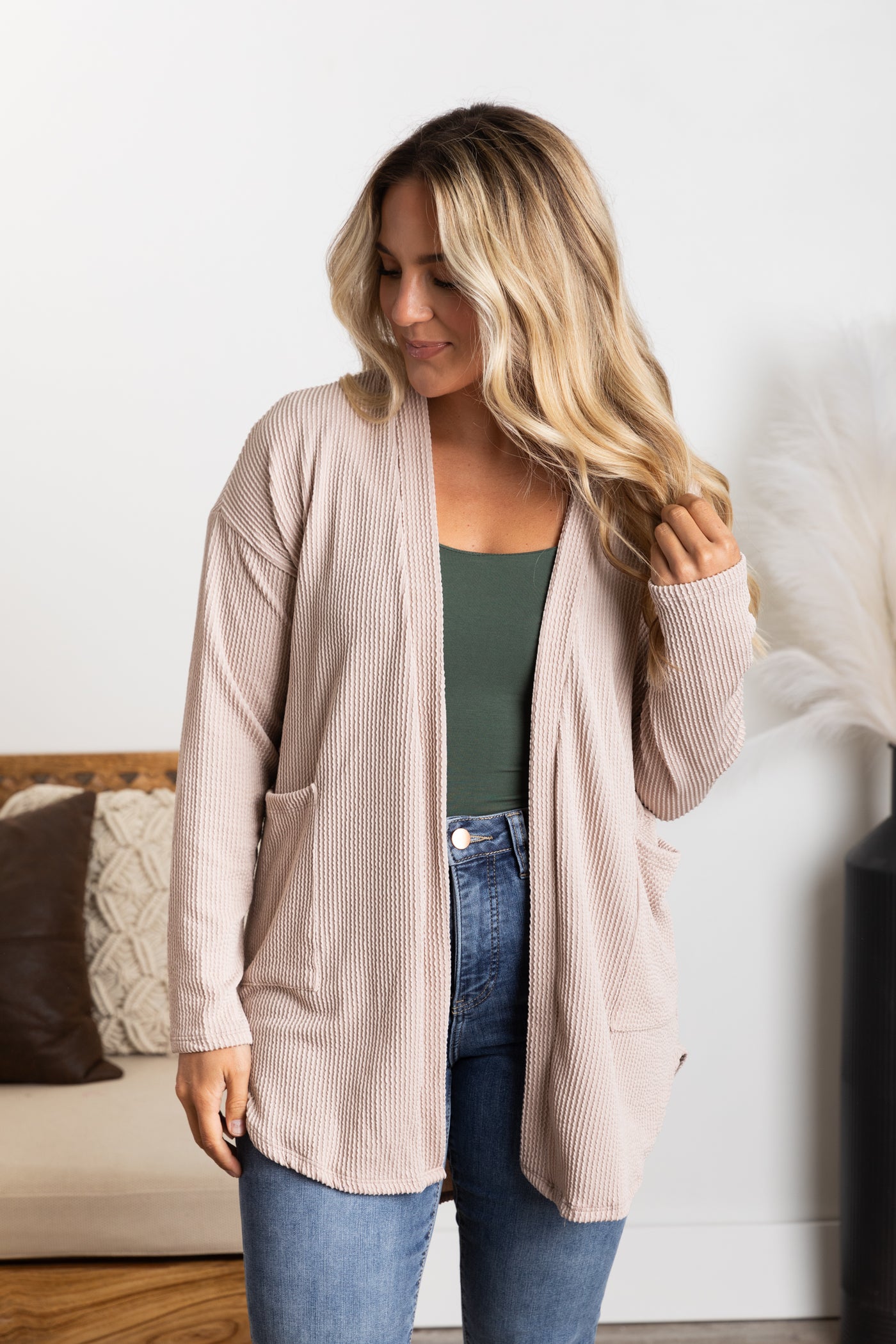 Solid Ribbed Cardigan With Pockets