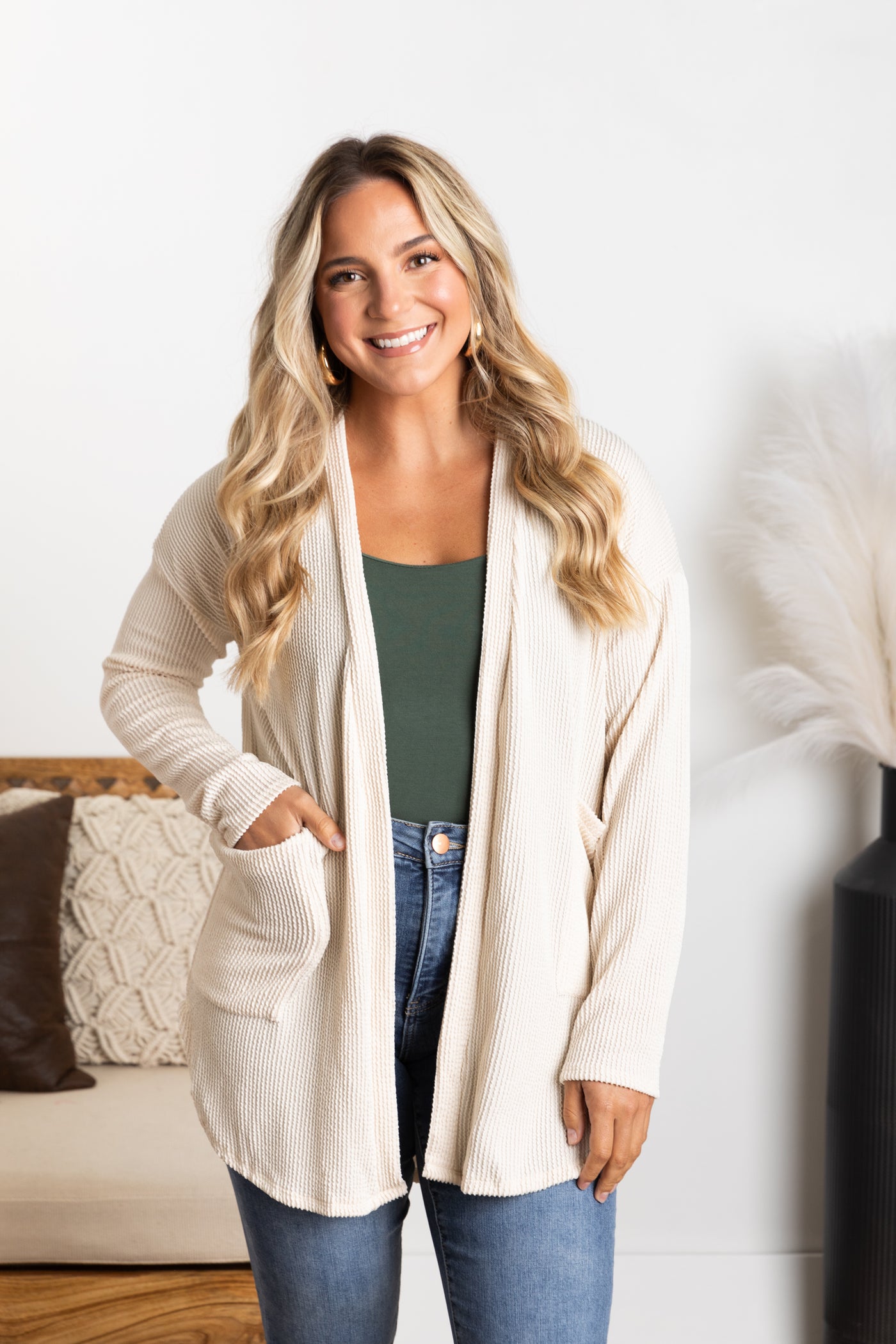 Solid Ribbed Cardigan With Pockets