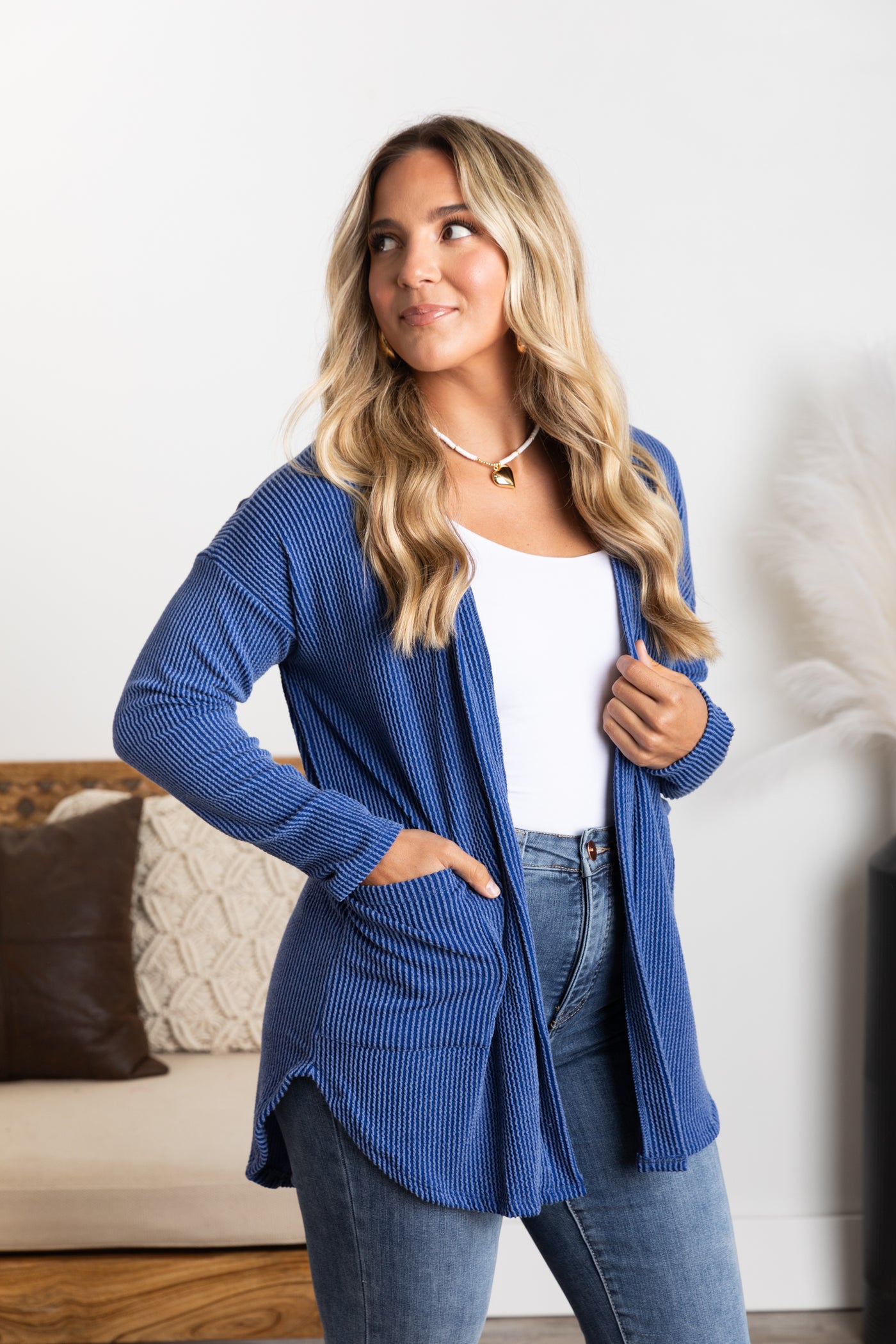 Solid Ribbed Cardigan With Pockets