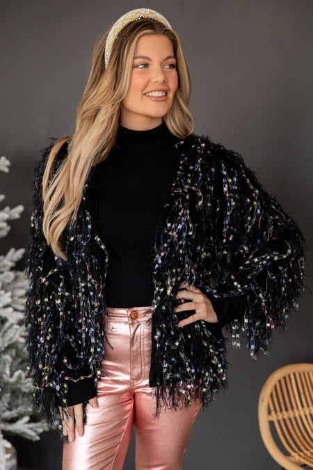 Black Metallic Fuzzy Fringe Cardigan