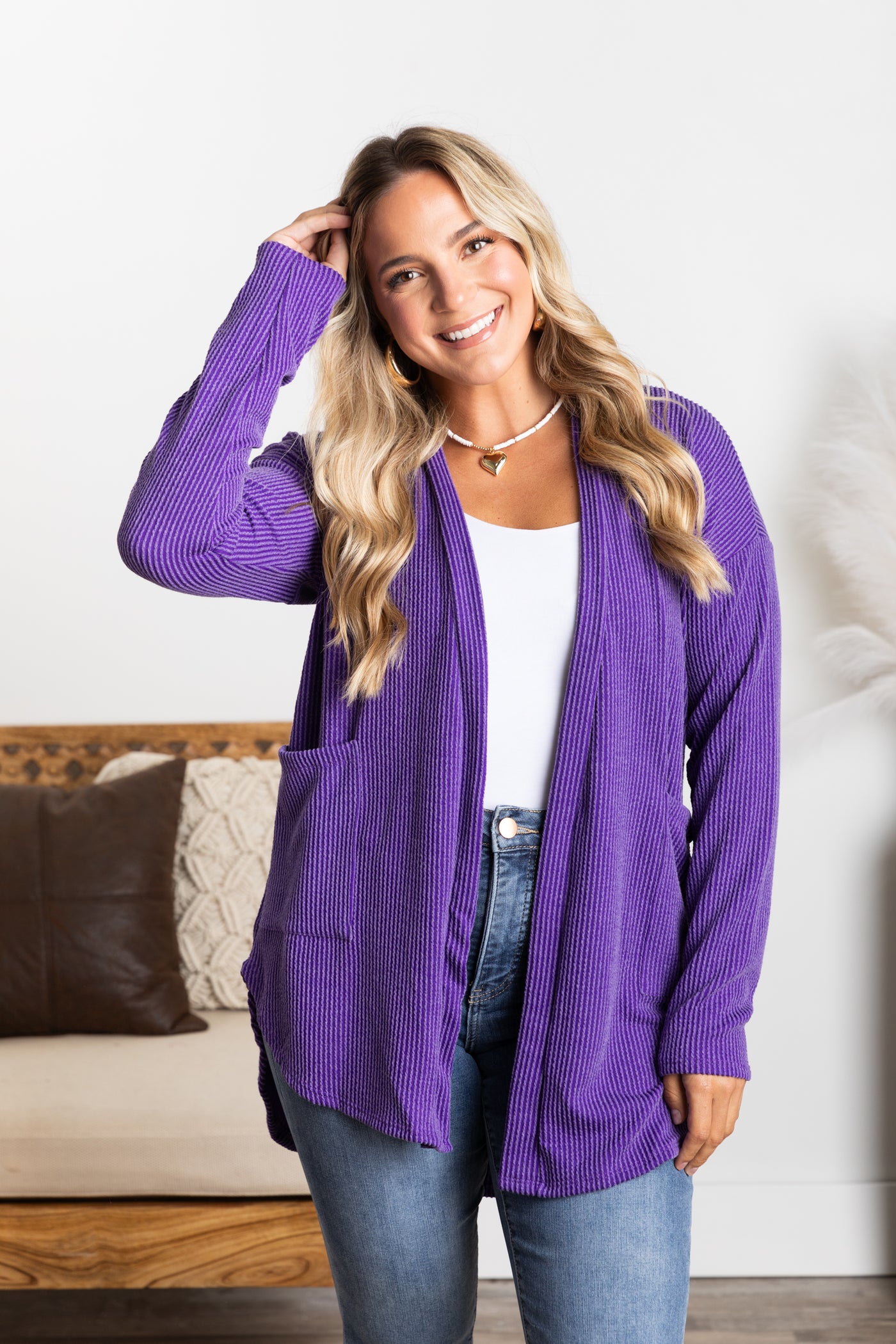 Solid Ribbed Cardigan With Pockets