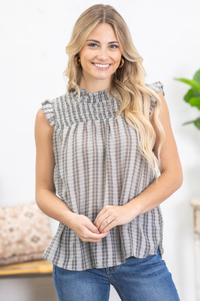 Grey Plaid Smocked Woven Top