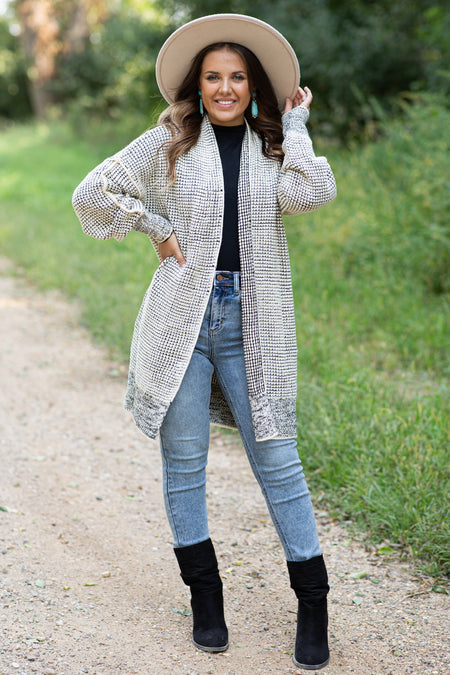 Beige Textured Mid Length Cardigan