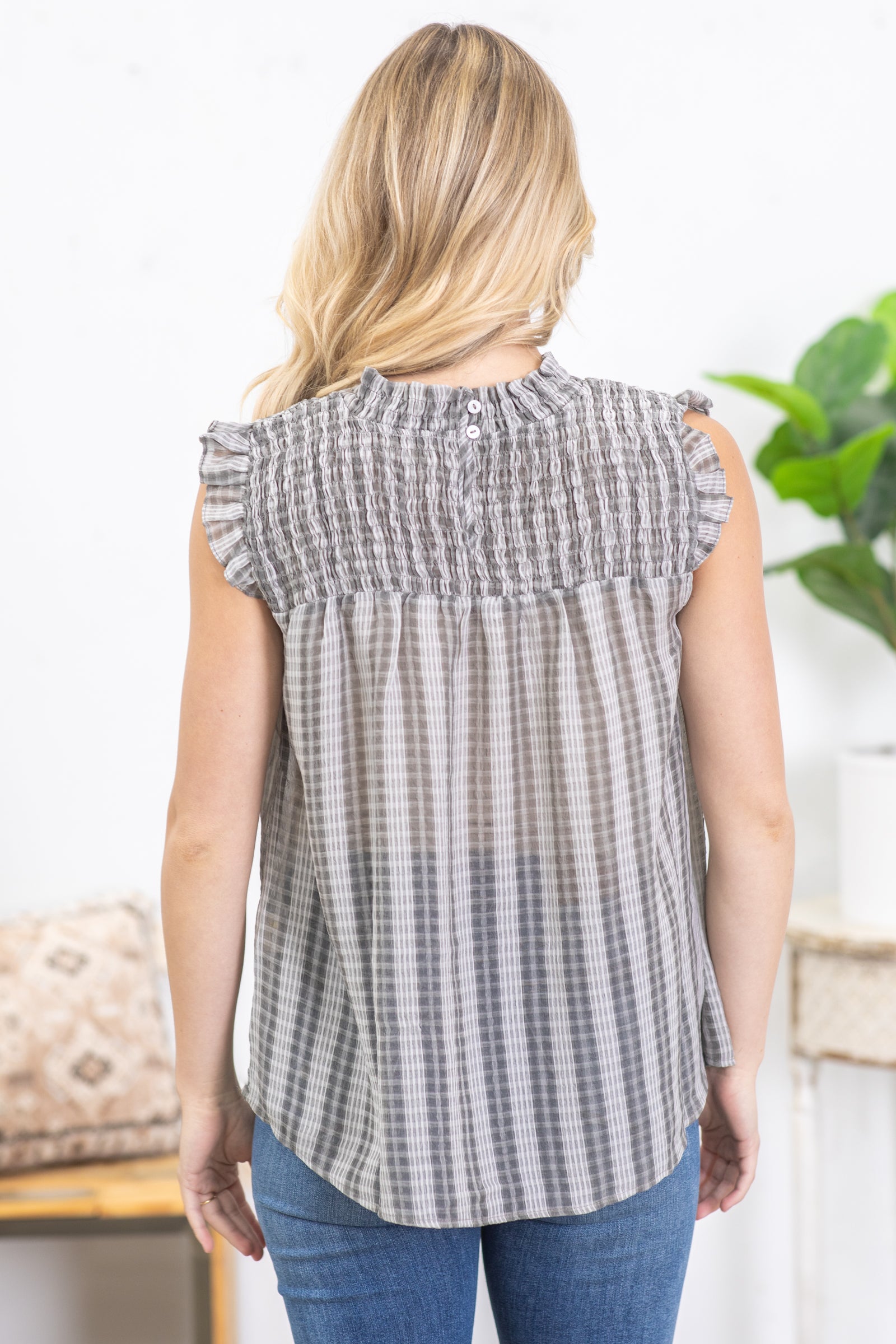 Grey Plaid Smocked Woven Top