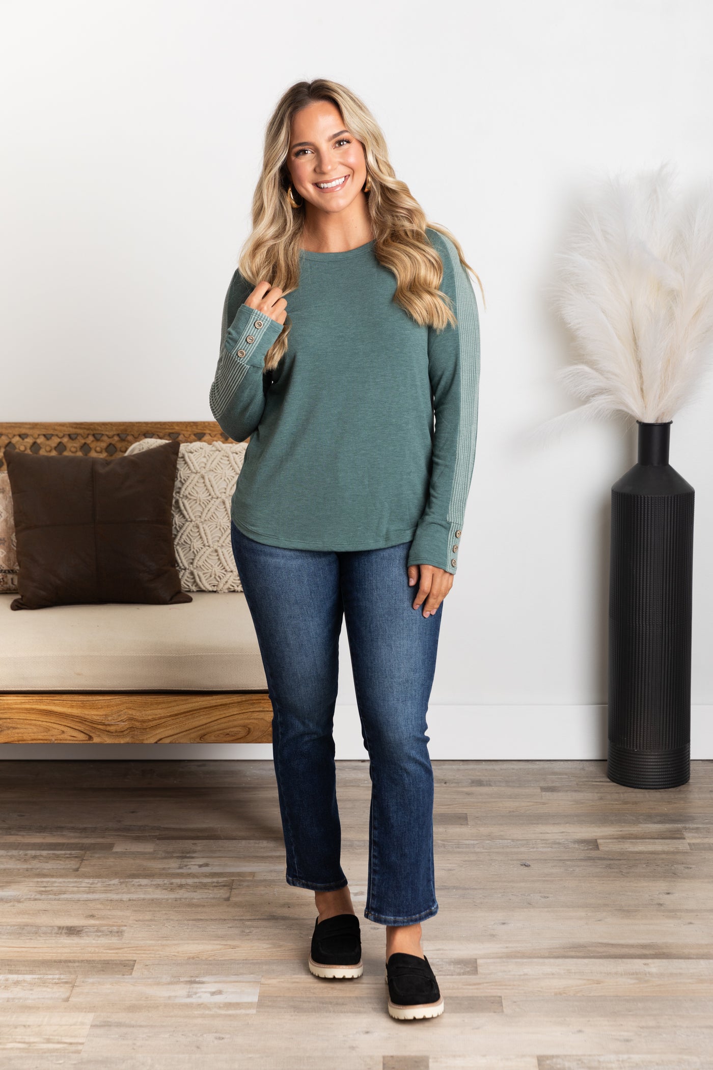 Solid Long Sleeve Button Cuff Detail Knit Top