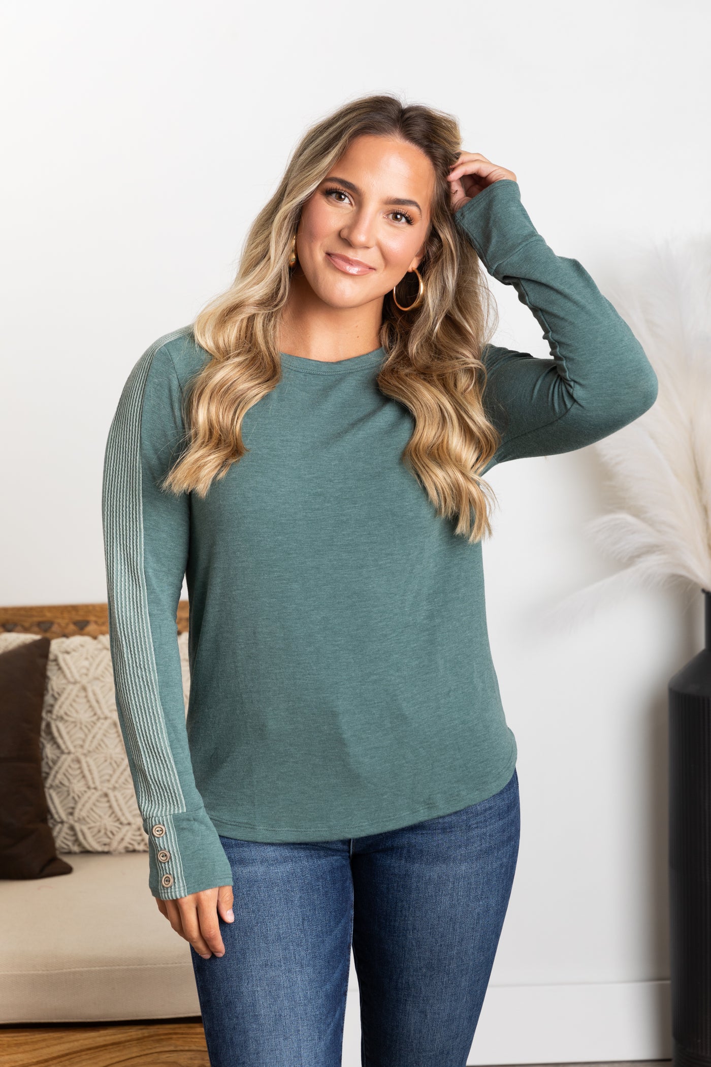 Solid Long Sleeve Button Cuff Detail Knit Top