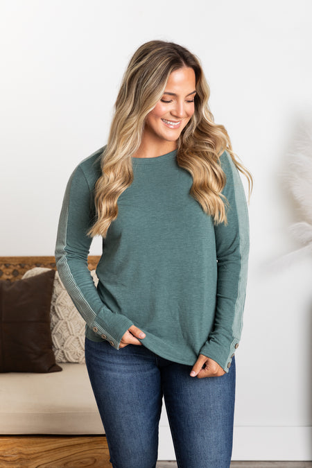 Solid Long Sleeve Button Cuff Detail Knit Top