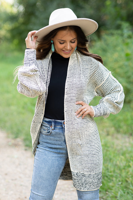 Beige Textured Mid Length Cardigan