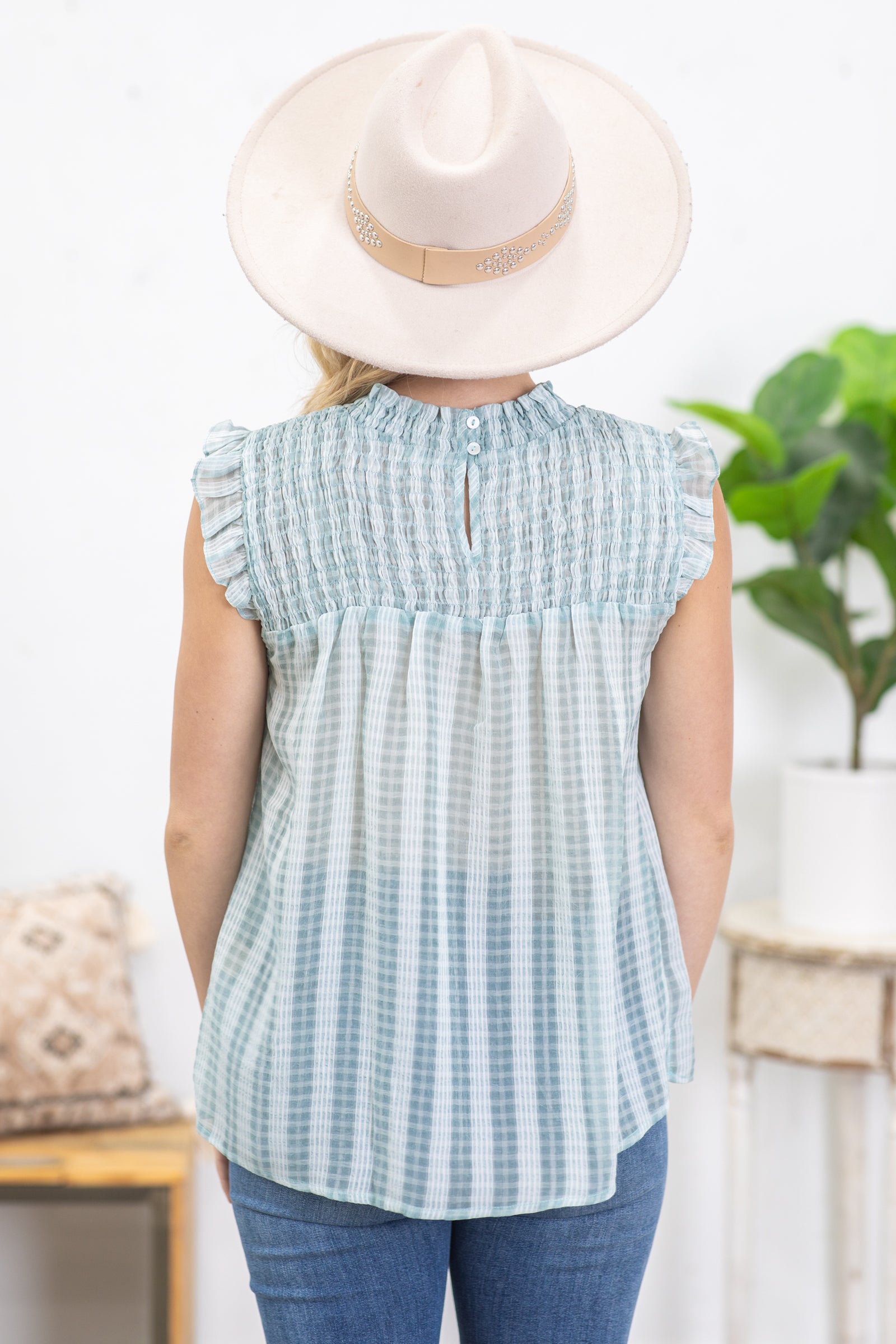 Light Dusty Teal Plaid Smocked Woven Top
