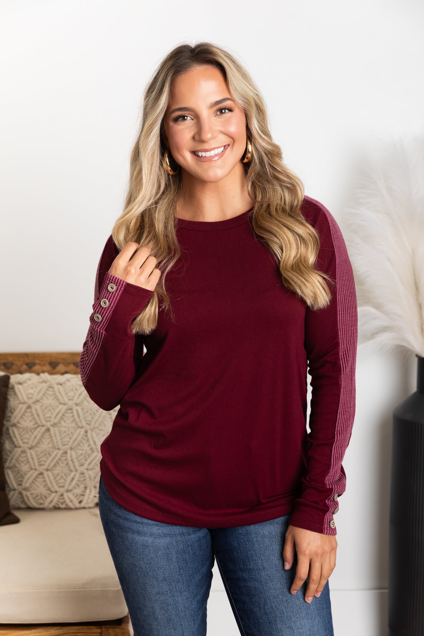 Solid Long Sleeve Button Cuff Detail Knit Top