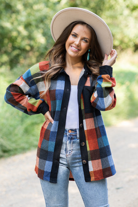 Navy Multicolor Plaid Knit Lightweight Shacket