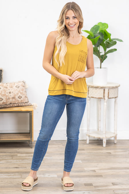 Mustard Crochet Lace Patch Pocket Knit Top