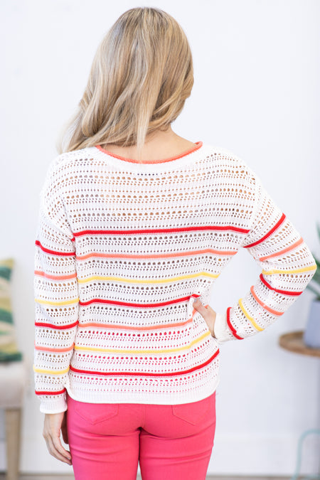 Coral and Red Crochet Stripe Sweater