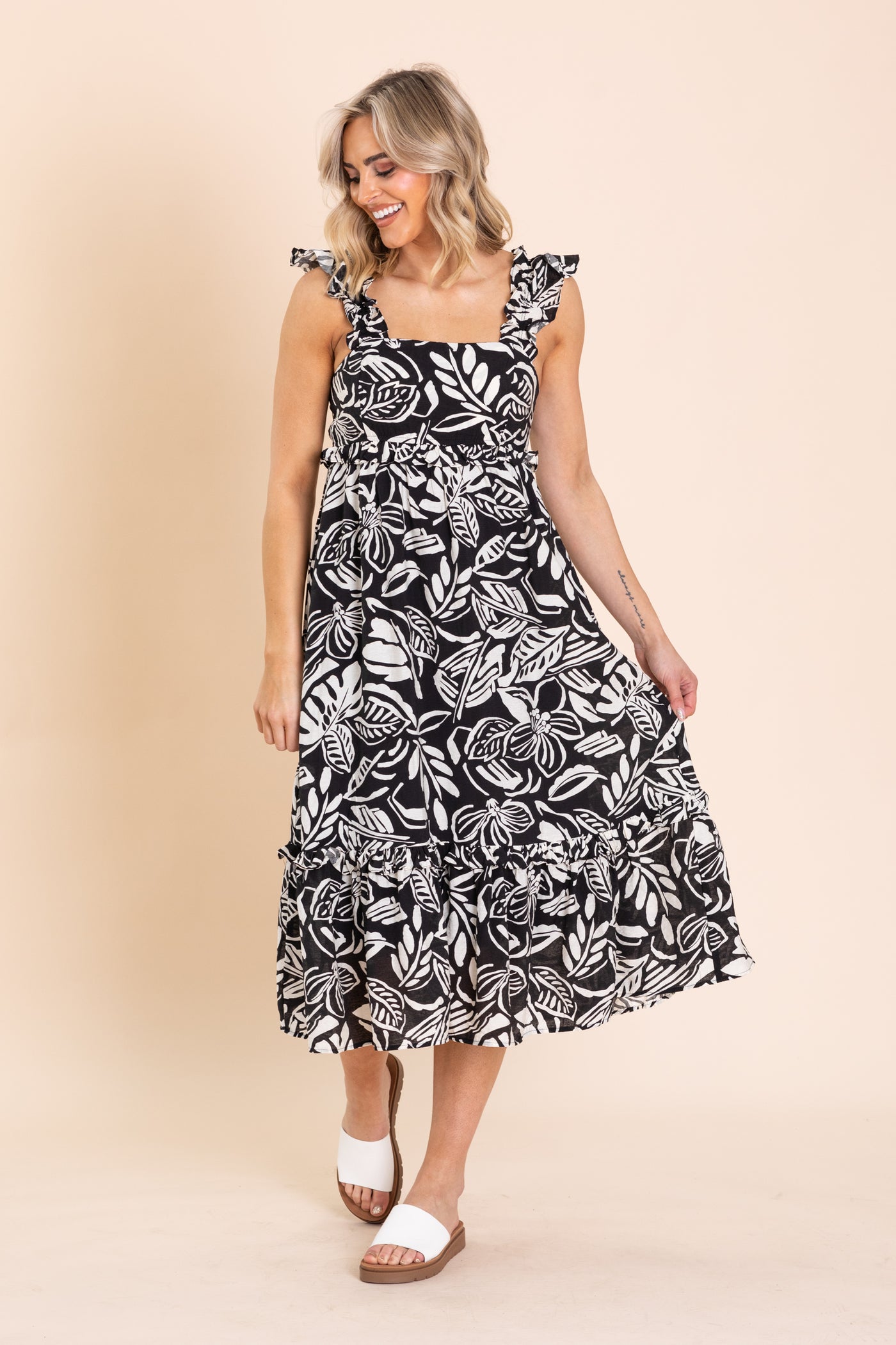 Black Tropical Print Ruffle Detail Midi Dress