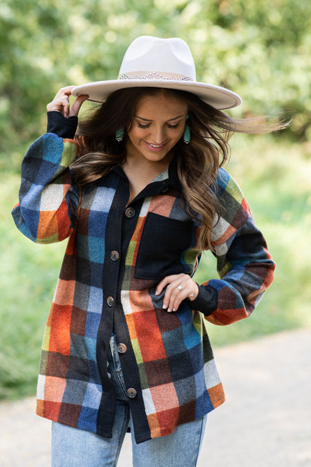 Navy Multicolor Plaid Knit Lightweight Shacket