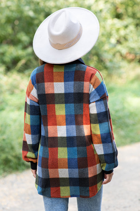 Navy Multicolor Plaid Knit Lightweight Shacket