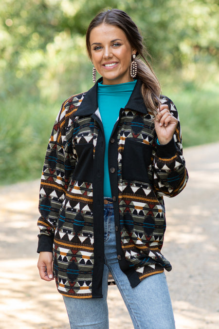 Black Aztec Print Knit Lightweight Shacket