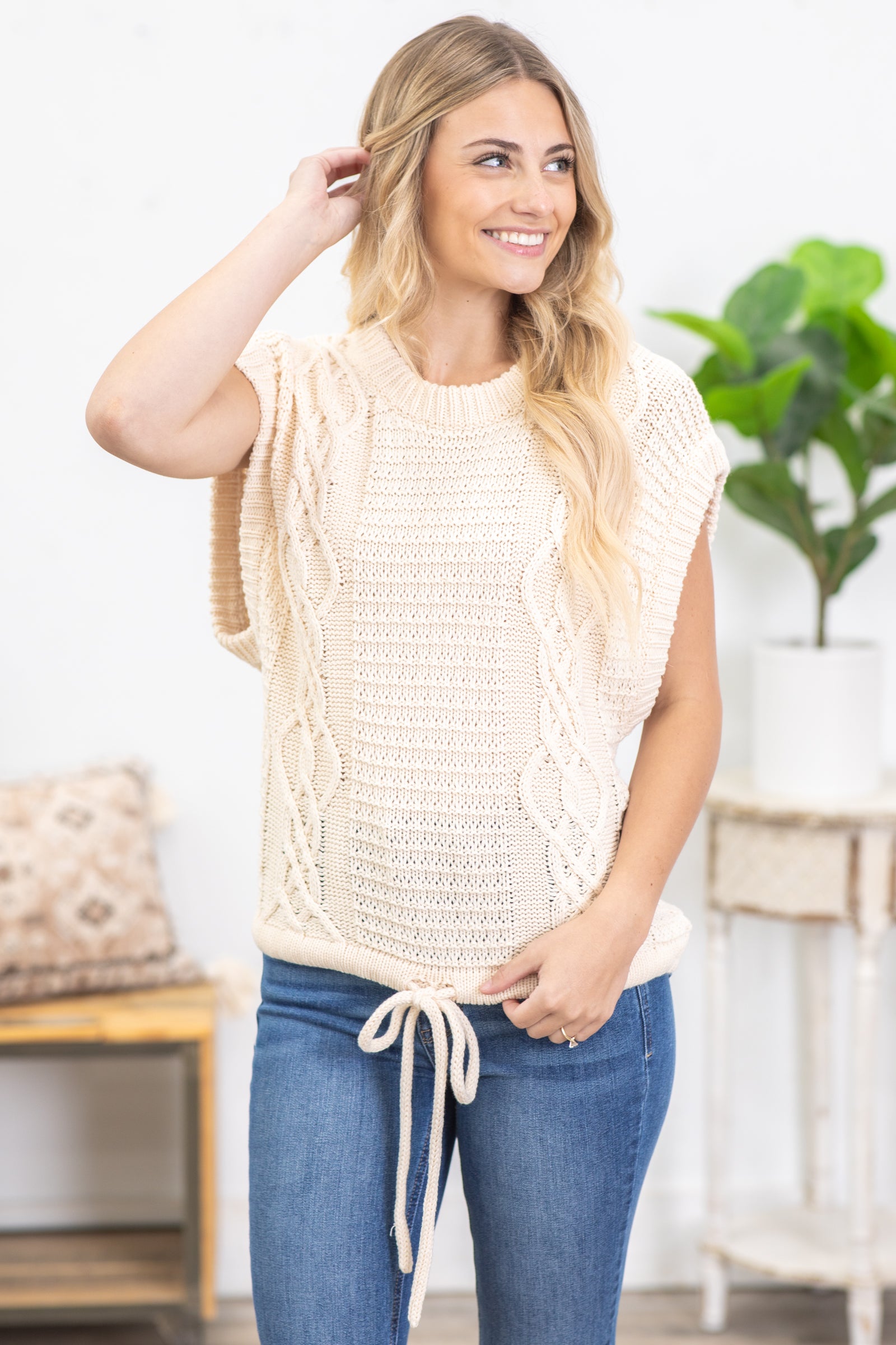 Beige Drop Shoulder Cable Sweater Knit Top