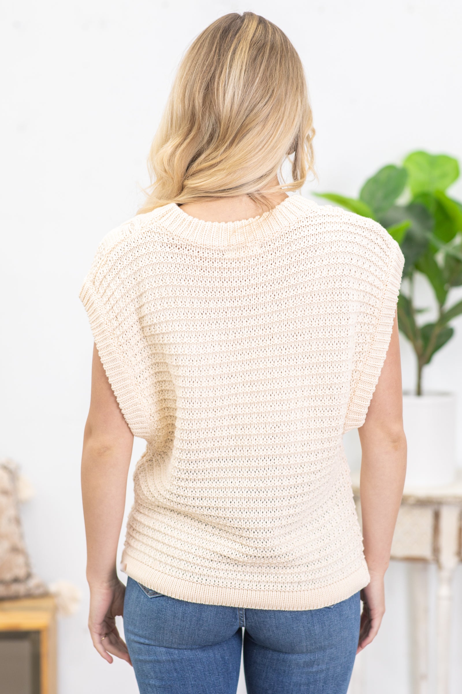 Beige Drop Shoulder Cable Sweater Knit Top