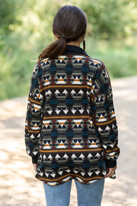 Black Aztec Print Knit Lightweight Shacket