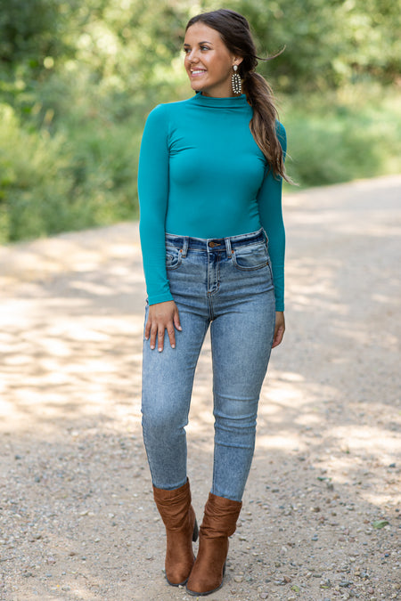 Teal Seamless Mock Neck Top