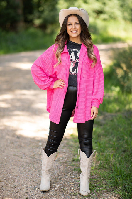 Hot Pink Waffle Knit Shacket - Filly Flair