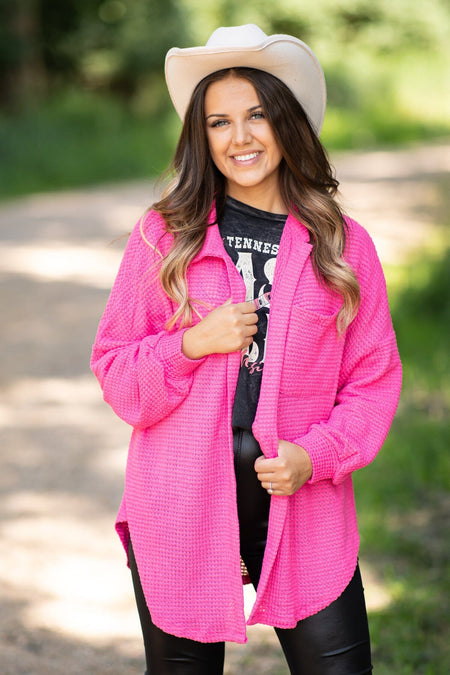 Hot Pink Waffle Knit Shacket - Filly Flair