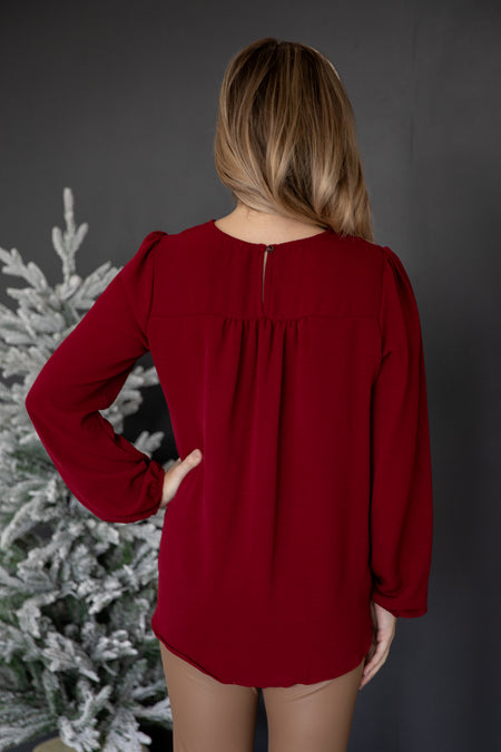 Burgundy Top With Balloon Sleeves