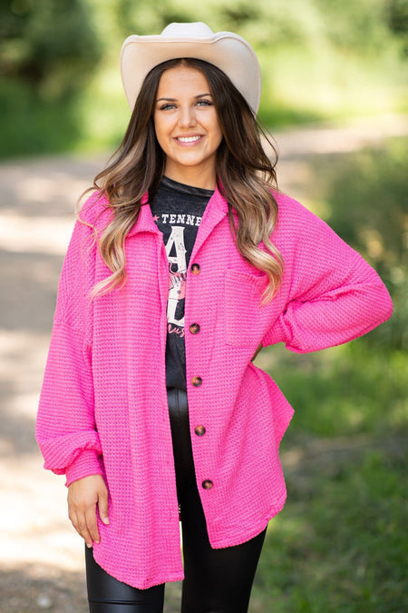 Hot Pink Waffle Knit Shacket - Filly Flair