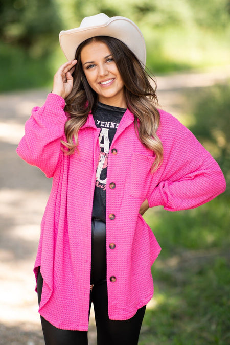 Hot Pink Waffle Knit Shacket - Filly Flair