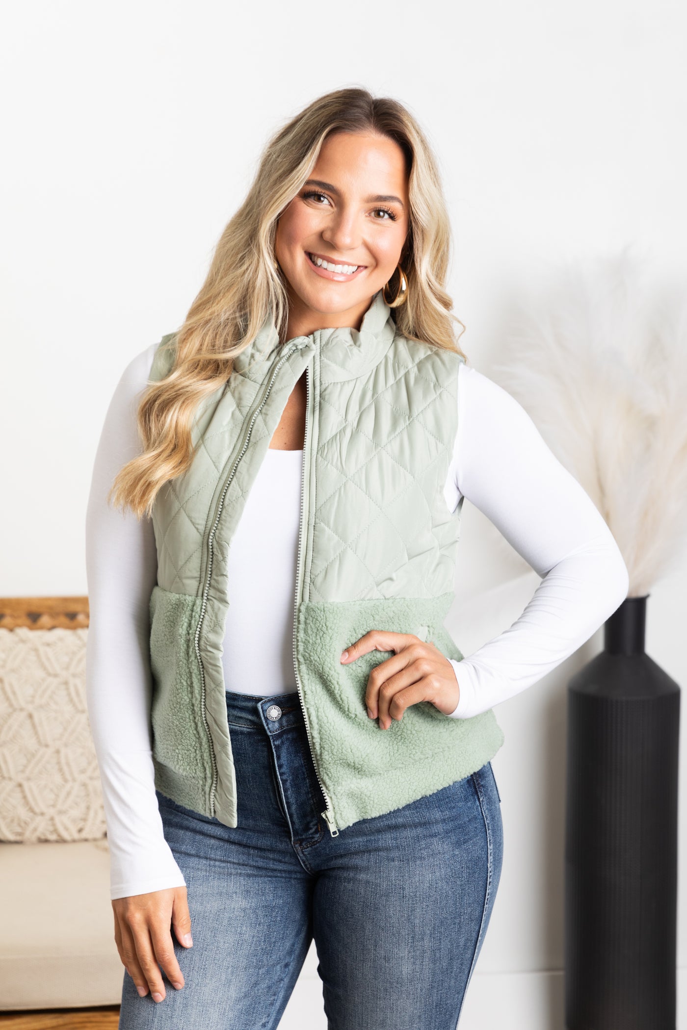 Quilted Fleece Mock Neck Vest