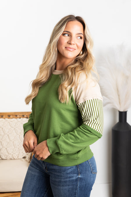 Green Crewneck Colorblock Terry Knit Top