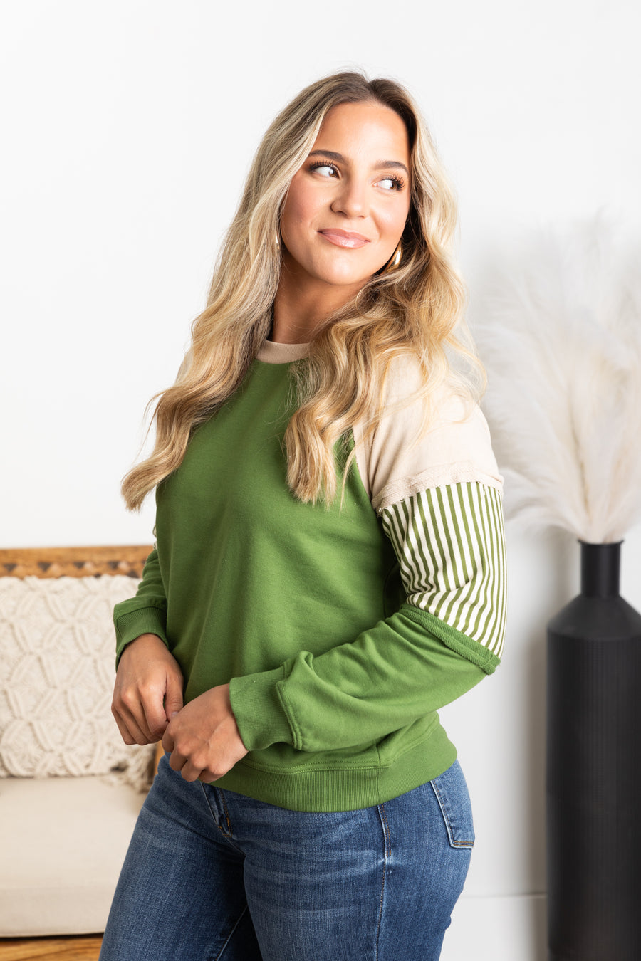 Green Crewneck Colorblock Terry Knit Top