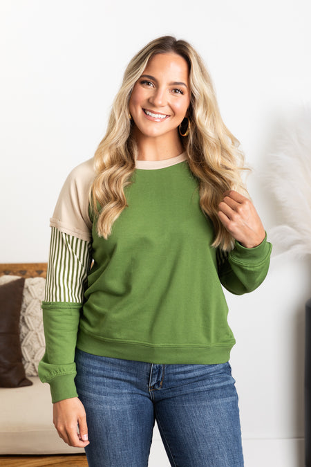 Green Crewneck Colorblock Terry Knit Top