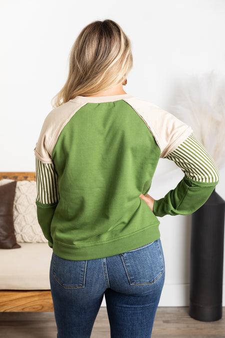 Green Crewneck Colorblock Terry Knit Top