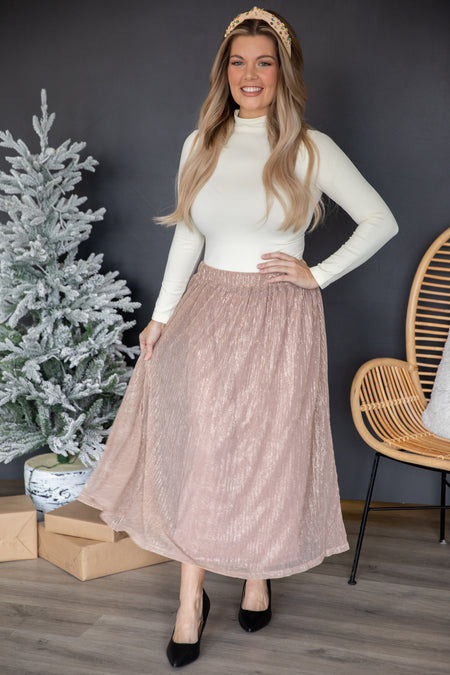 Dusty Rose Lurex Crystal Pleat Midi Skirt