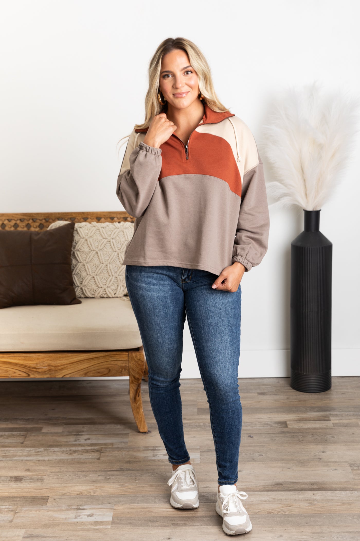 Mocha Half Zip-Up Colorblock Knit Top