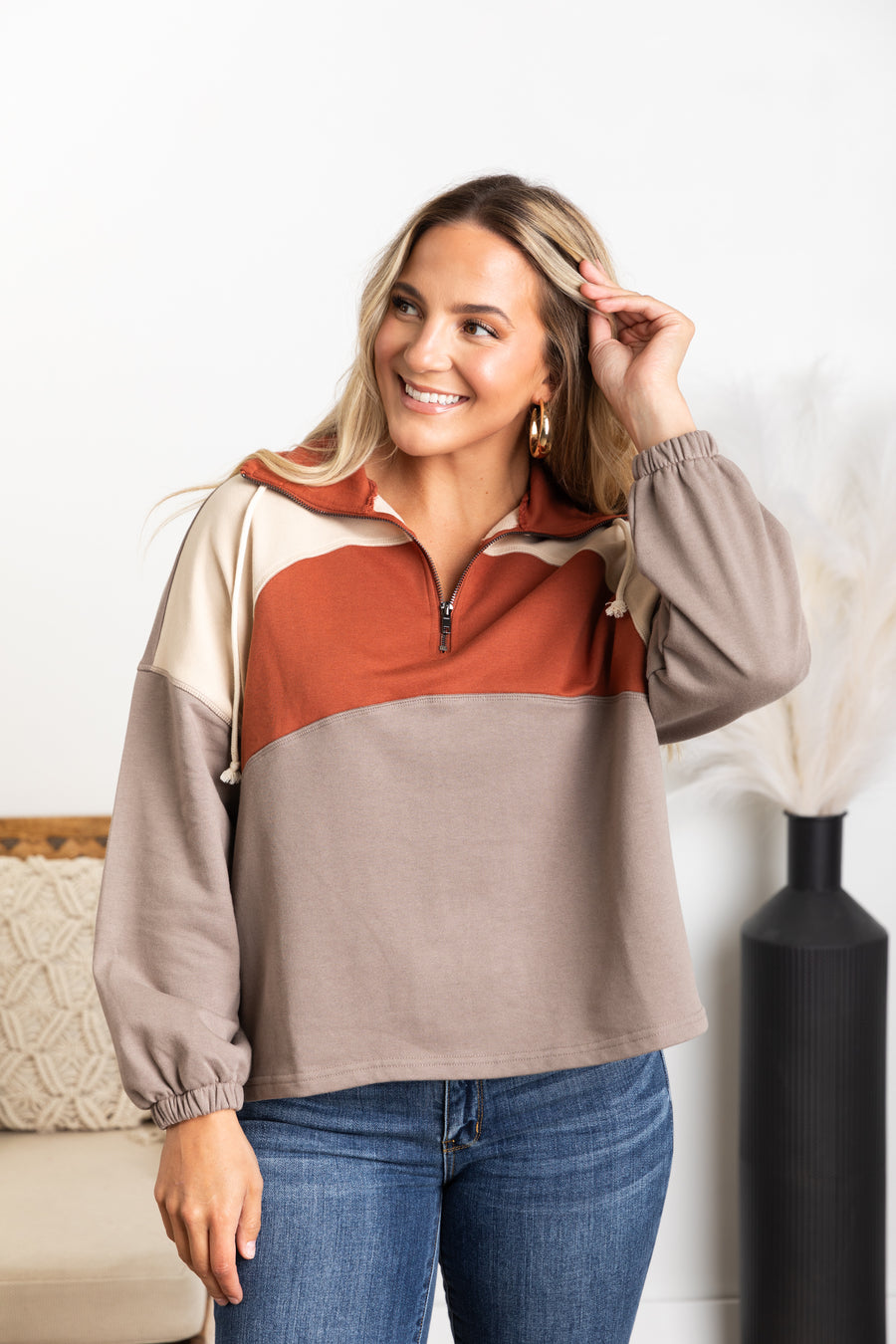 Mocha Half Zip-Up Colorblock Knit Top