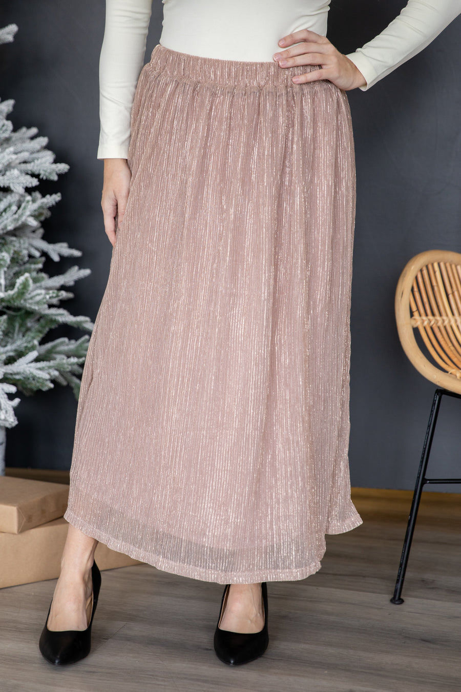 Dusty Rose Lurex Crystal Pleat Midi Skirt