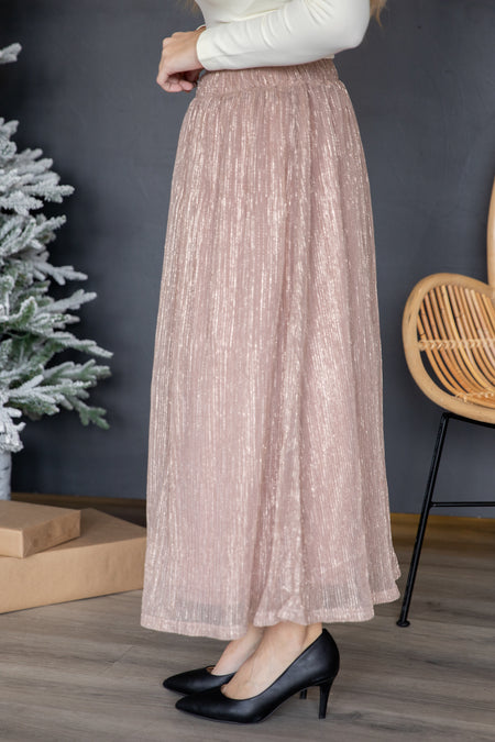 Dusty Rose Lurex Crystal Pleat Midi Skirt