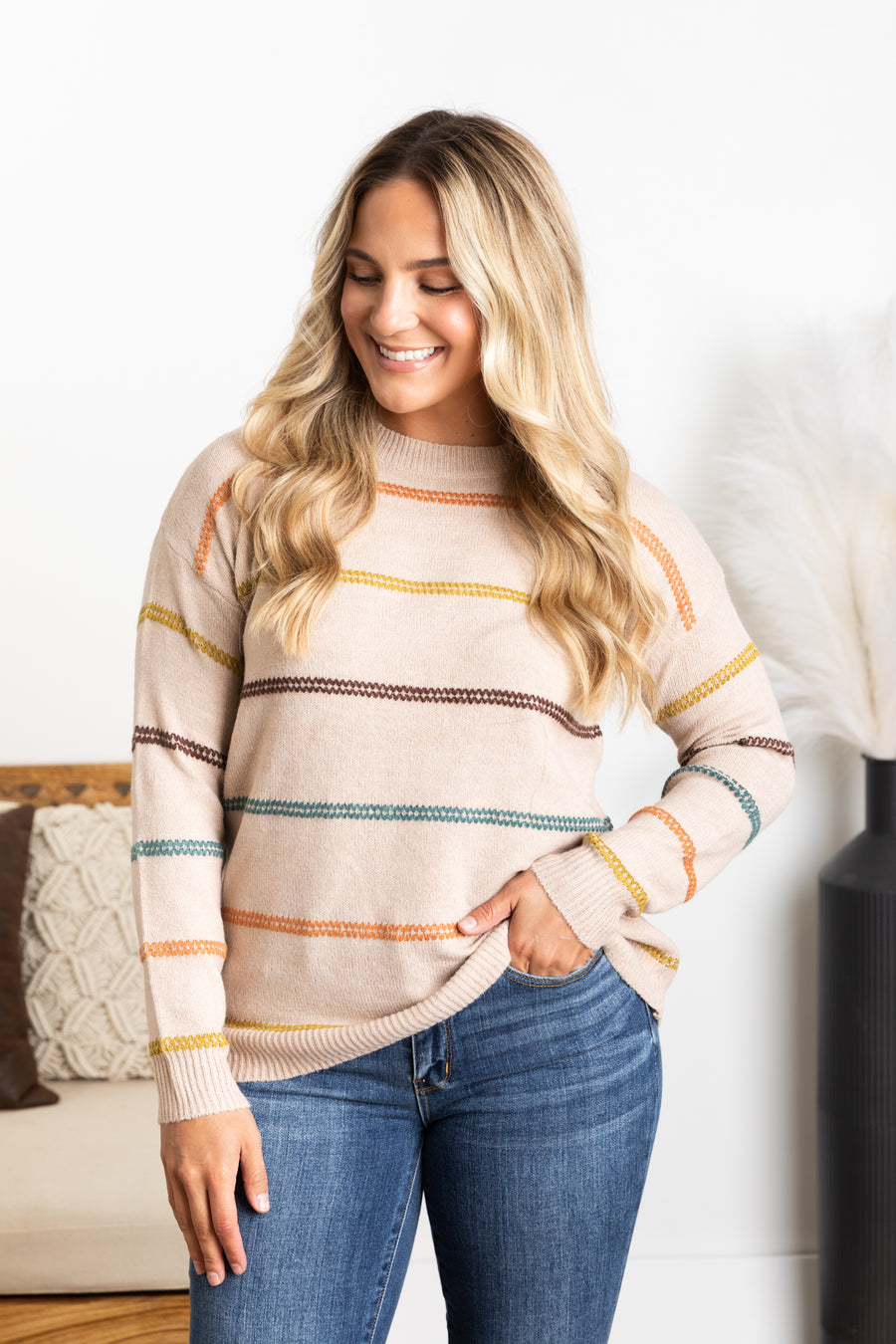 Tan Multicolor Stitch Striped Sweater