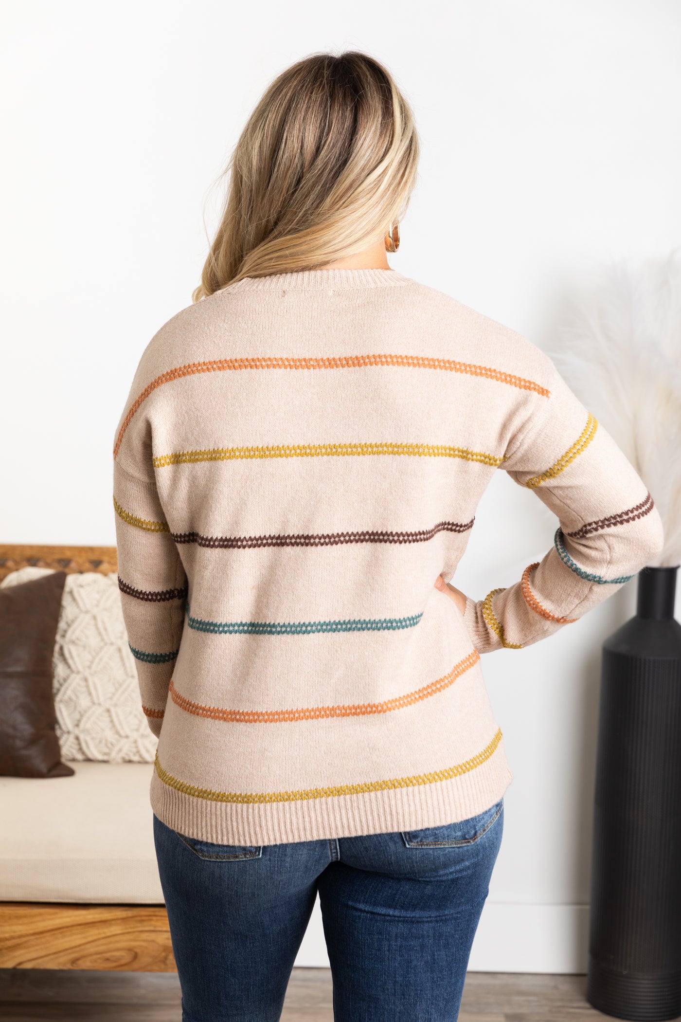 Tan Multicolor Stitch Striped Sweater